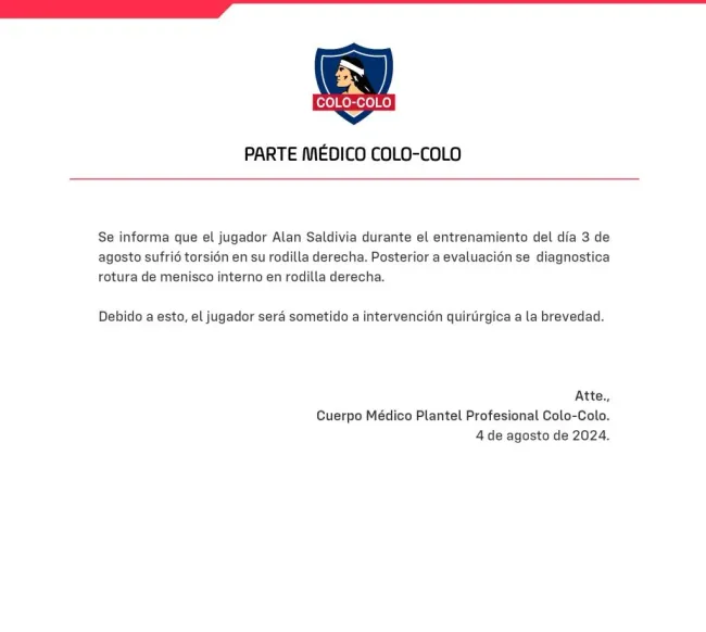 El parte médico de Alan Saldivia. Imagen: Colo Colo Oficial