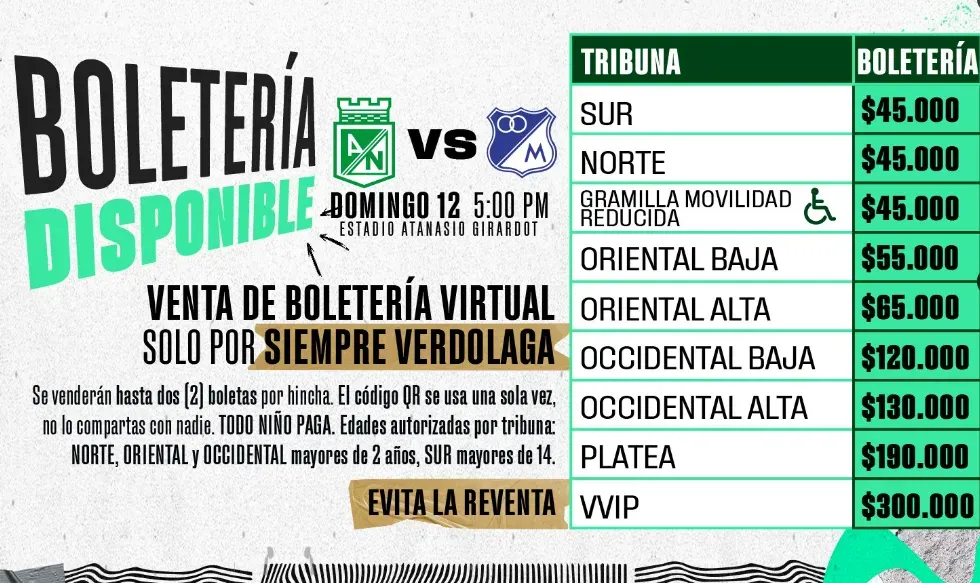 Precios de la boletería para Nacional vs. Millonarios