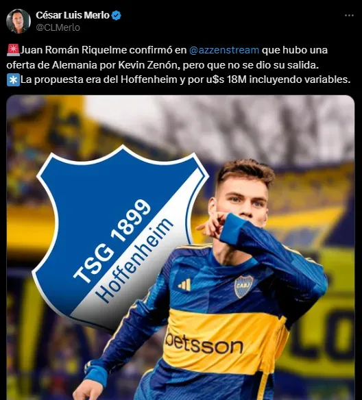 Hoffenheim buscó a Zenón, pero Boca rechazó la oferta que hicieron (X @CLMerlo).