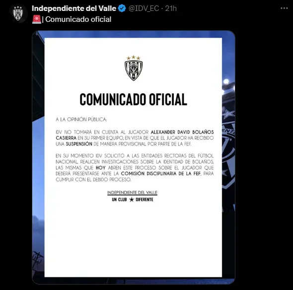 El comunicado de Independiente del Valle. (Captura)