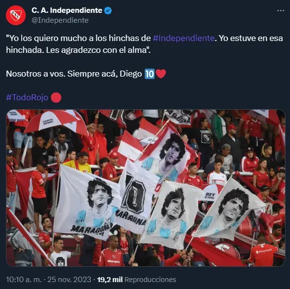 El homenaje de Independiente a Maradona (Twitter @Independiente).