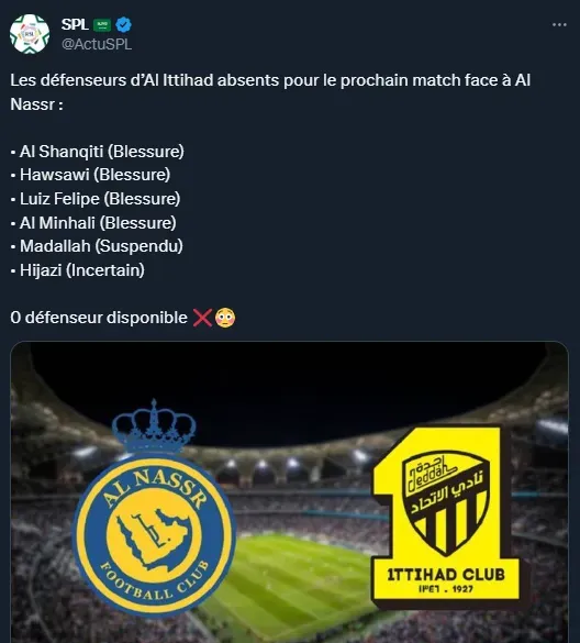 Al Ittihad no tiene defensores para el partido ante Al Nassr (Twitter @ActuSPL).