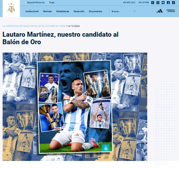 La nota ‘Lautaro Martínez, nuestro candidato al Balón de Oro’ (Sitio web de AFA).