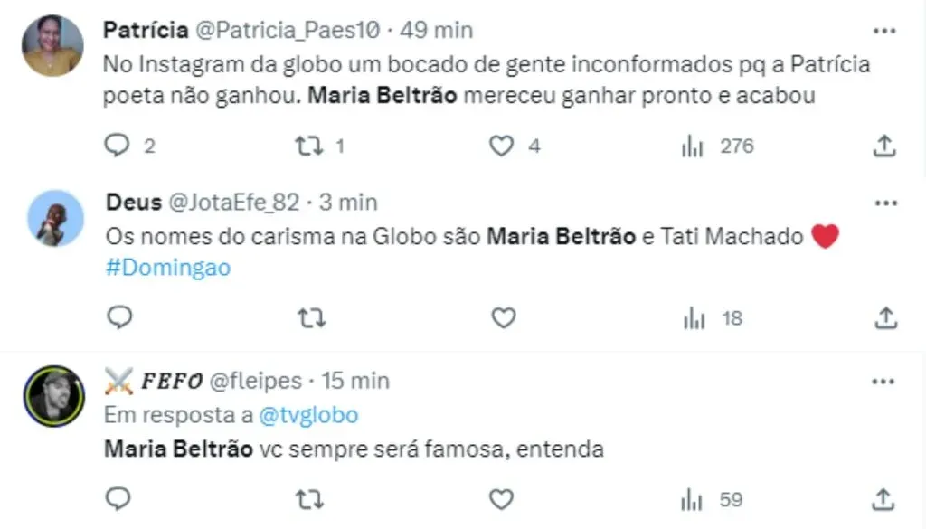 Público reage à vitória de Maria Beltrão – Foto: Twitter