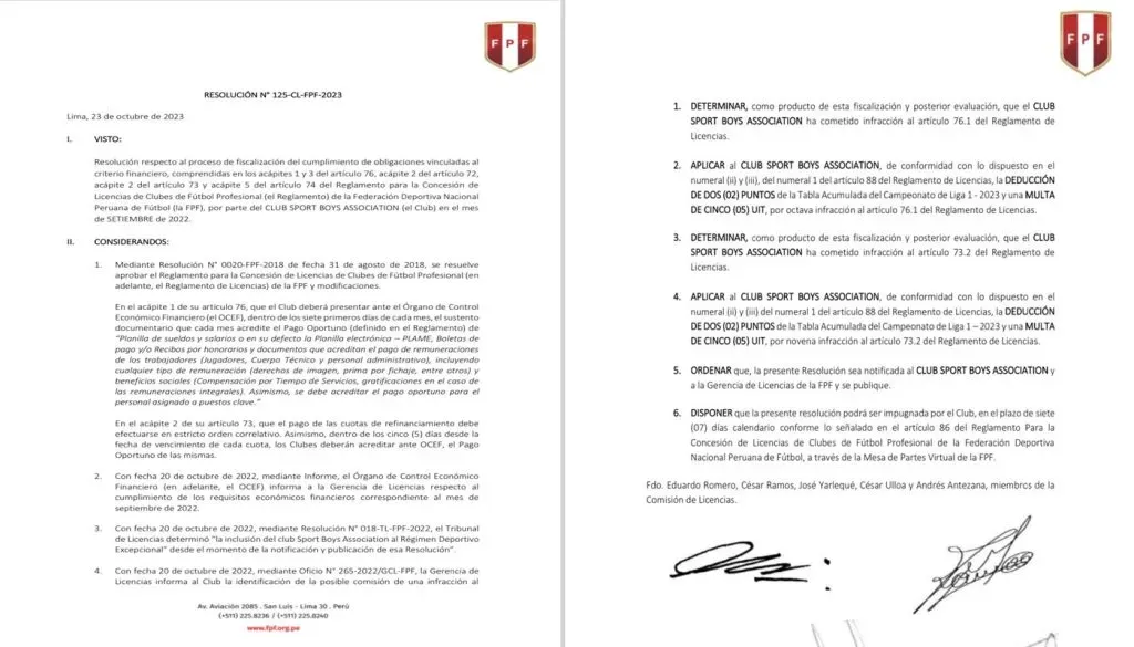 El documento de la resolución de Sport Boys.