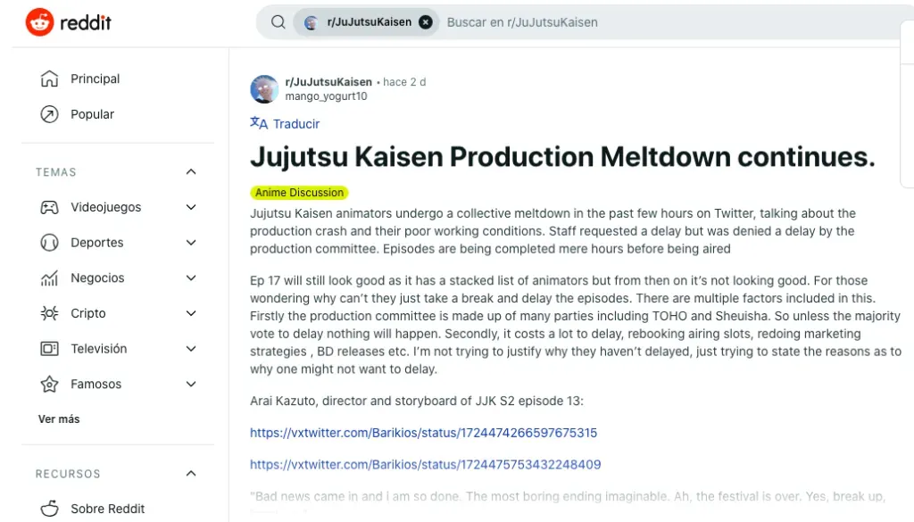 El hilo de Reddit que ilustra la situación al interior de la producción de Jujutsu Kaisen.