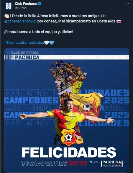 Mensaje de Pachuca en sus redes sociales para Herediano