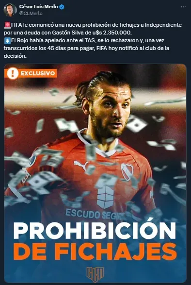 Llegó la inhibición de FIFA para Independiente (Twitter @CLMerlo).
