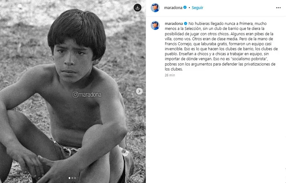El mensaje de la cuenta de Instagram de Maradona contra Milei (Instagram @maradona).