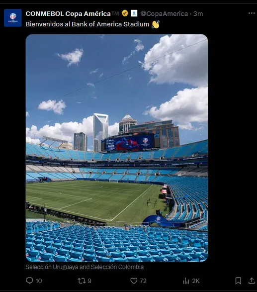 Bank of America Stadium é o palco escolhido para Uruguai x Colômbia. FOTO: Reprodução X