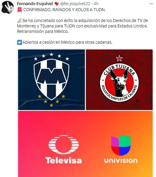 TUDN “adquiere” a Rayados y Xolos. (@fer_esquivel22)