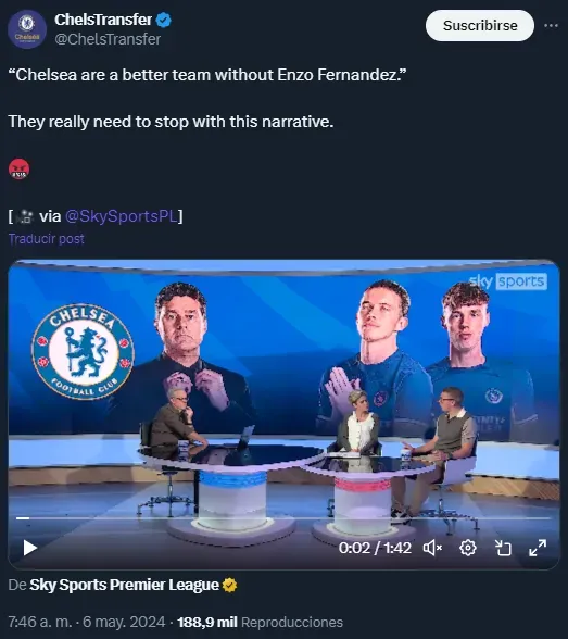 Critican al periodista de Sky Sports por sus dichos sobre Enzo Fernández (Twitter @ChelsTransfer).