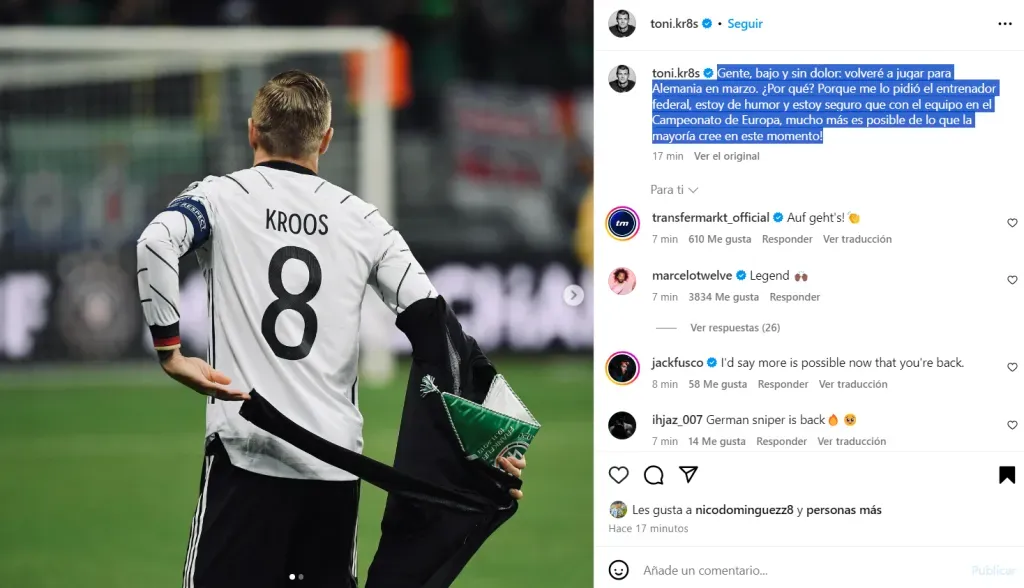 La publicación con la que Toni Kroos confirmó su regreso a la Selección de Alemania.
