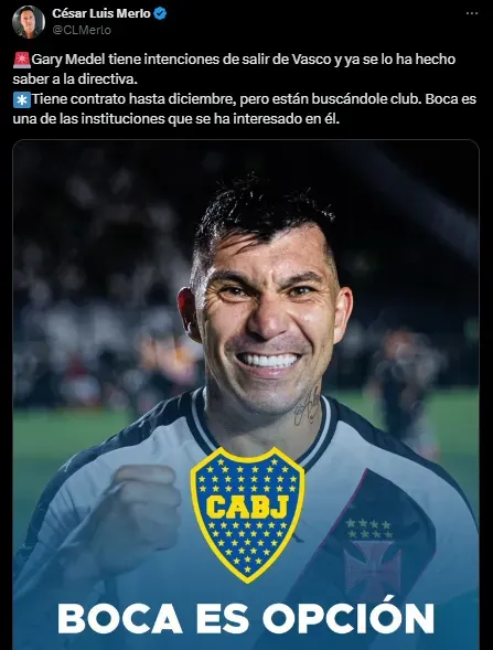 Gary Medel piensa en su salida de Vasco y Boca está interesado (Twitter @CLMerlo).
