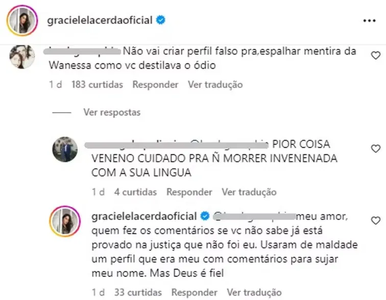 Graciele rebate internauta nos comentários – Foto: Reprodução/Instagram de Graciele Lacerda