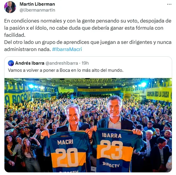 Martín Liberman expresó su apoyo a la fórmula Ibarra-Macri de cara a las elecciones en Boca.