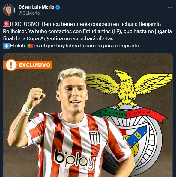 Benjamín Rollheiser, el nuevo apuntado de Benfica (Twitter @CLMerlo).