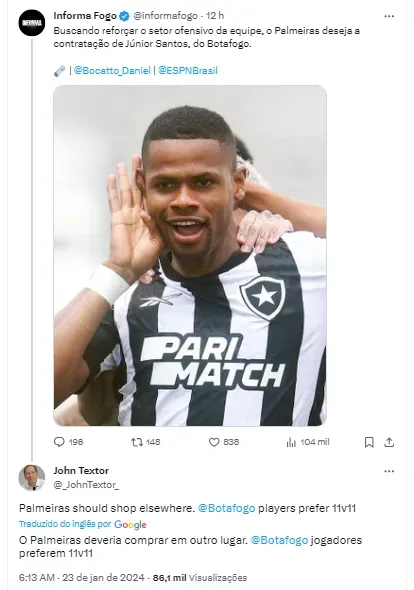John Textor, dono da SAF do Botafogo responde publicação envolvendo o Palmeiras | Foto: Reprodução