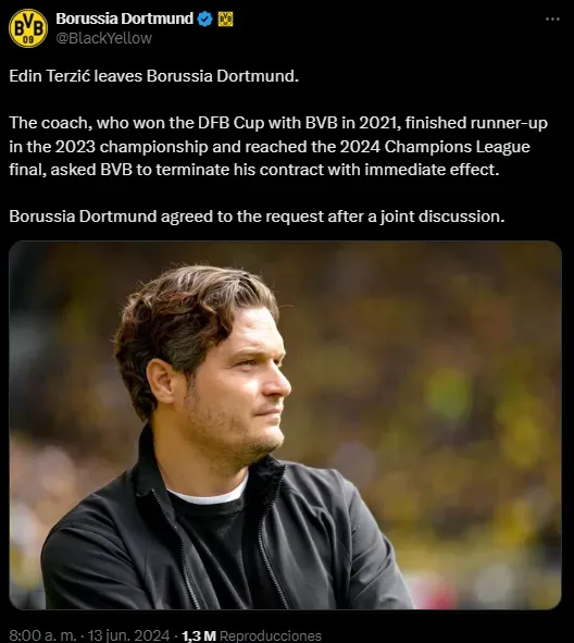 Anuncio oficial de Borussia Dortmund con la salida de Edin Terzic (Twitter @BlackYellow).