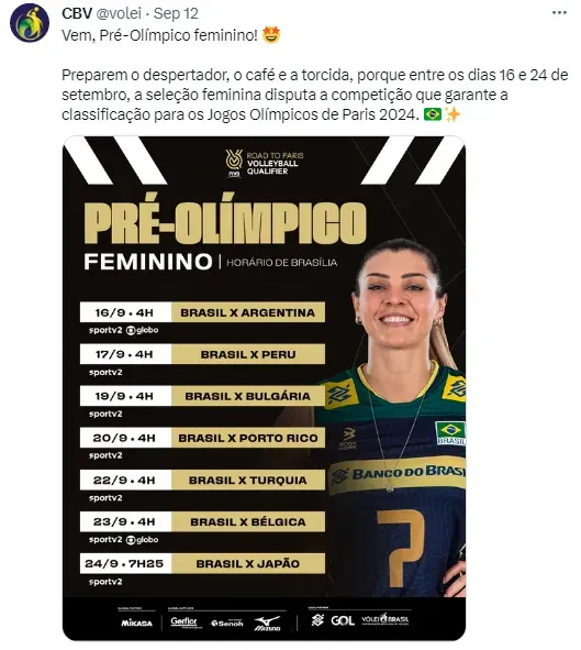 Tabela de jogos do Brasil no Pré-Olímpico de vôlei feminino em 2023