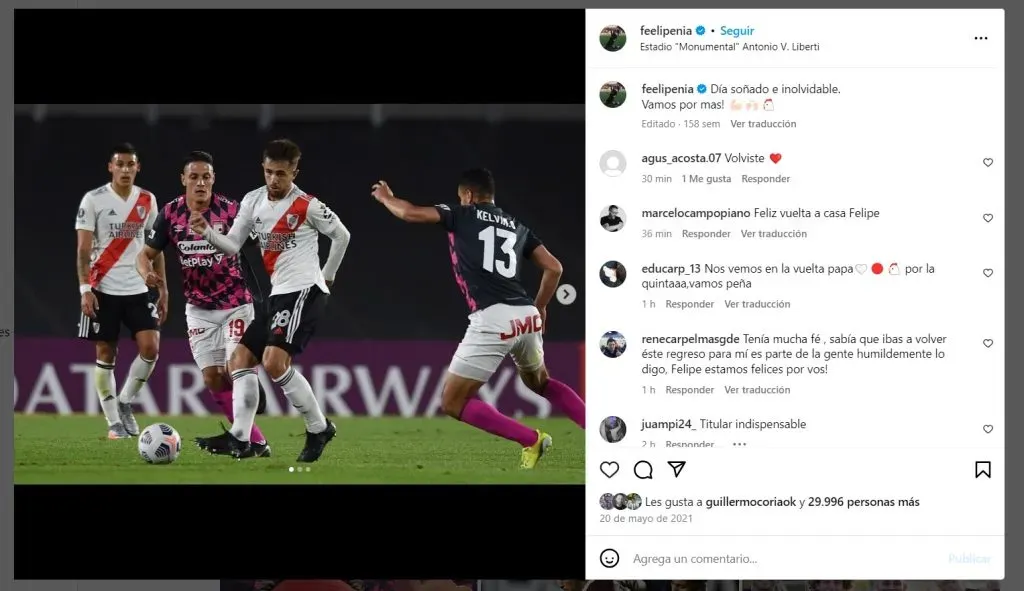 Felipe Peña Biafore tiene como publicación fijada en su cuenta de Instagram una foto del día en el que debutó como futbolista profesional en River (FOTO: INSTAGRAM/ @feelipenia)