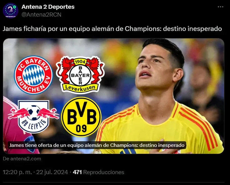 “James Rodríguez tiene oferta del Bayer Leverkusen”: Antena 2.