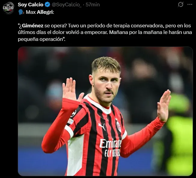 Santiago Giménez será operado del tobillo. (@soycalcio)