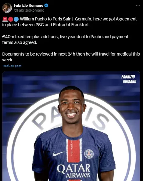 William Pacho será nuevo refuerzo de PSG (X @FabrizioRomano).