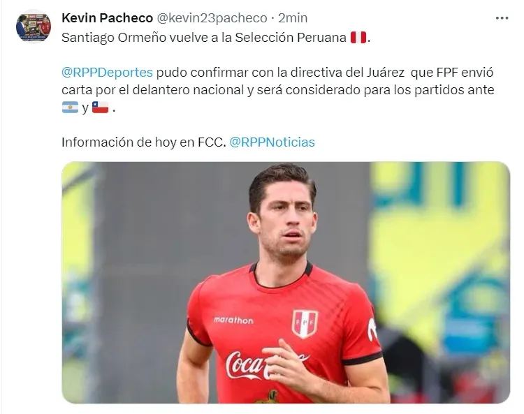 Santiago Ormeño vuelve a la Selección Peruana de Juan Reynoso. | Créditos: Twitter @Kevin23pacheco.