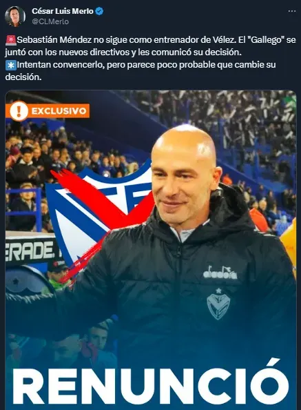 Méndez renunció en Vélez (Twitter @CLMerlo).