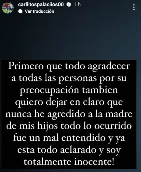 Palacios dio su versión de los hechos a través de Instagram.
