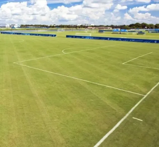 Una de las 16 canchas de césped natural que tiene el predio donde entrenará River.