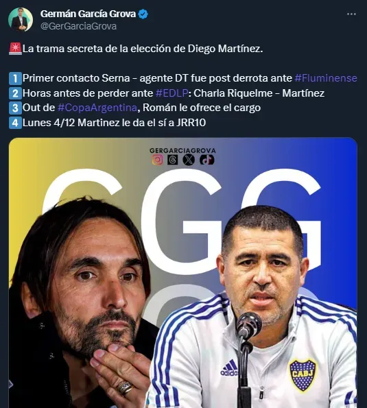 Los detalles del ofrecimiento de Riquelme a Martínez para ser DT de Boca (Twitter @GerGarciaGrova).
