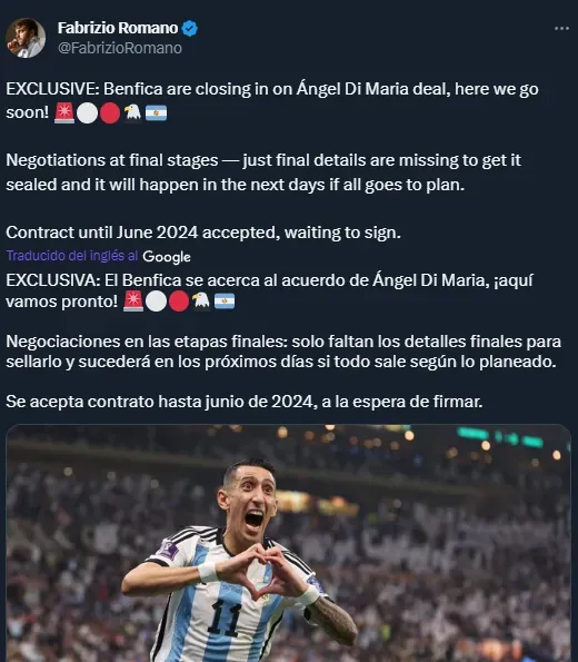 Di María regresará a Benfica (Twitter @FabrizioRomano)