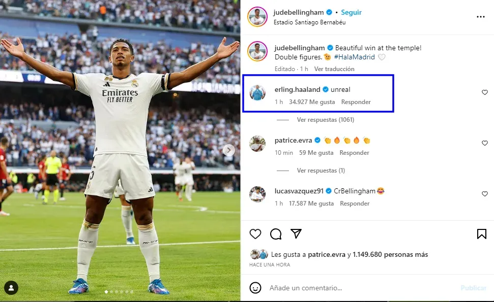 El comentario de Haaland para Bellingham (Instagram @judebellingham).