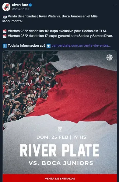 River Plate confirmó los detalles de las ventas de entradas para el Superclásico (Twitter @riverplate).