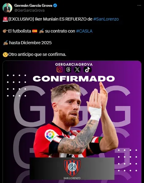 Confirmado: Muniain jugará en San Lorenzo (X @GerGarciaGrova).