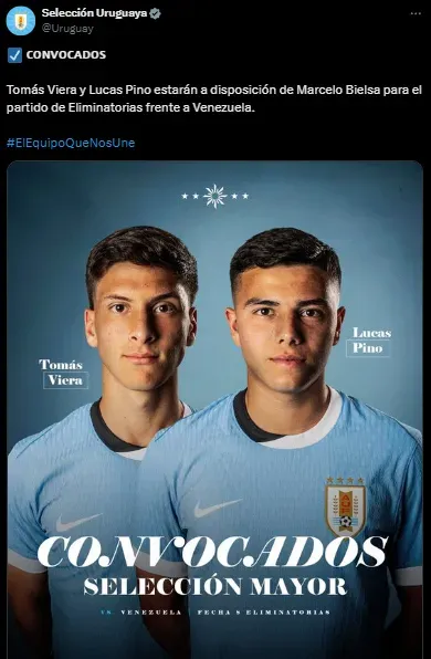 Lucas Pino y Tomás Viera, nuevos convocados de Uruguay (X @Uruguay).