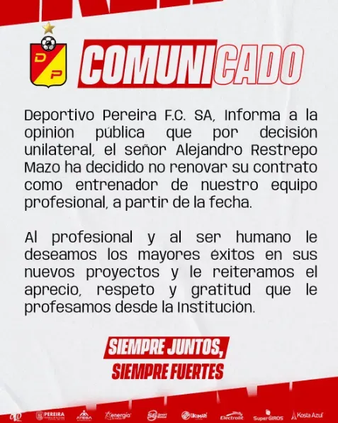 Comunicado Deportivo Pereira sobre Alejandro Restrepo