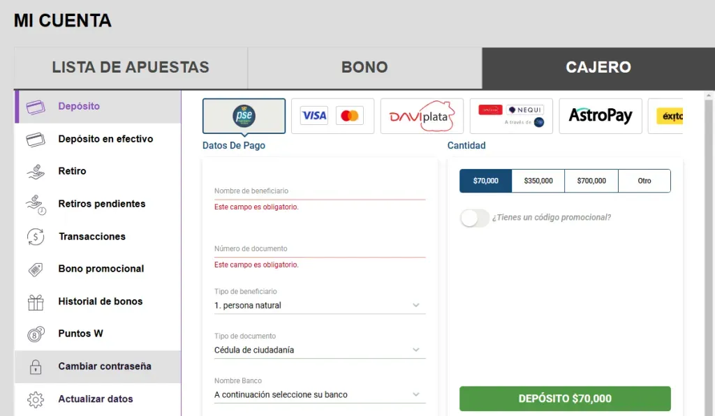 Código promocional Wplay: métodos de pago