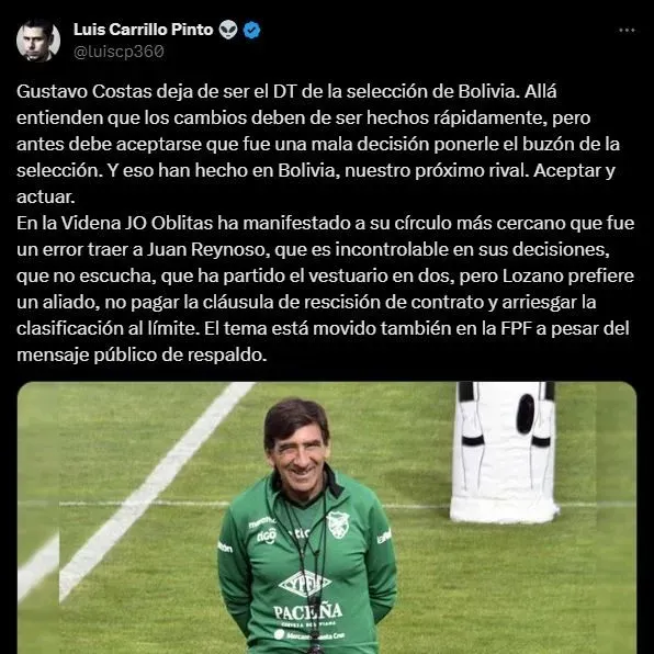 Luis Carrillo Pinto filtró lo que pensaría Juan Carlos Oblitas. (Foto: Twitter).