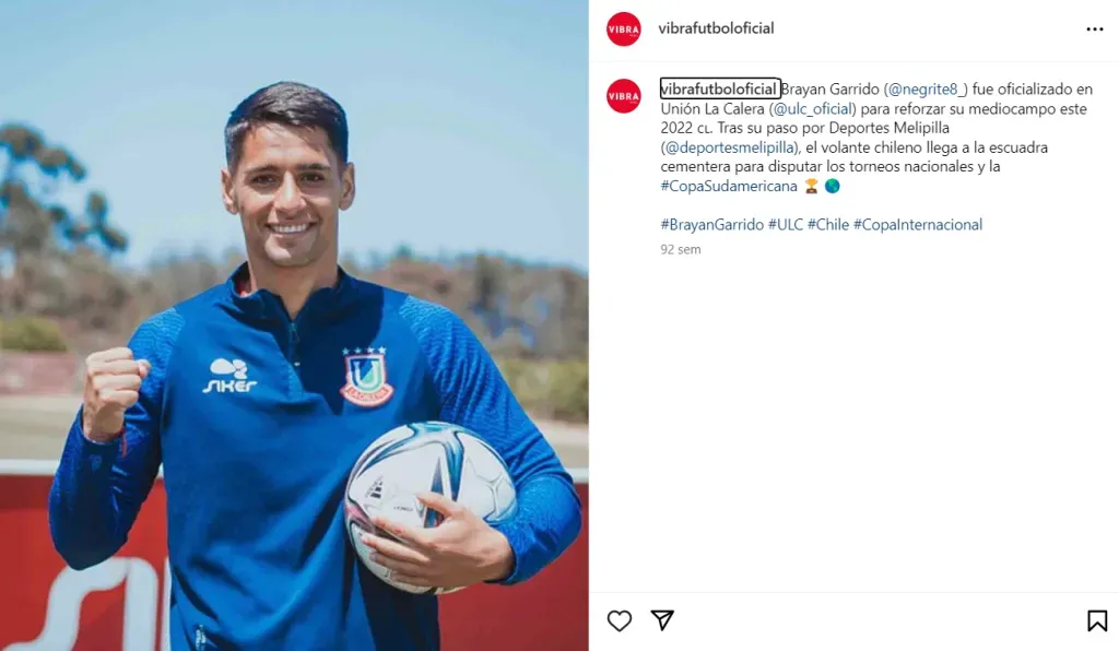 Así oficializó Vibra Fútbol el arribo de Brayan Garrido a Unión La Calera. (Captura Instagram).