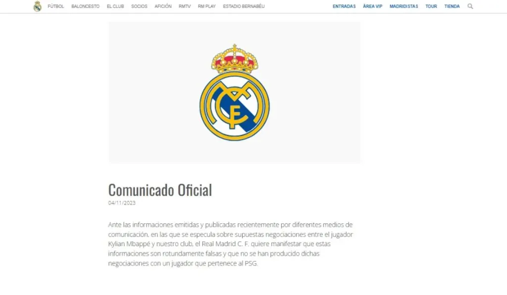 El comunicado del Real Madrid negando contactos con Mbappé: TW