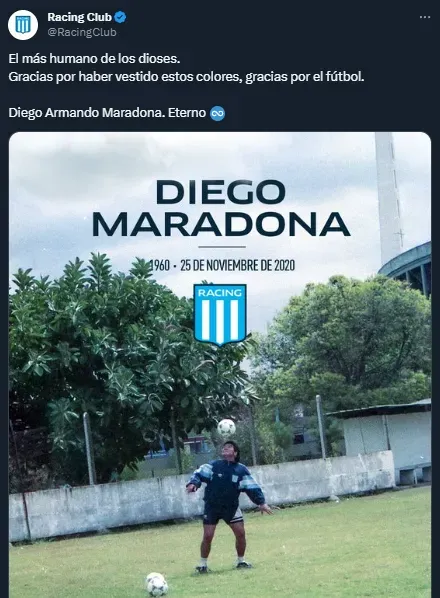 Racing se sumó a los homenajes a Maradona (Twitter @RacingClub).
