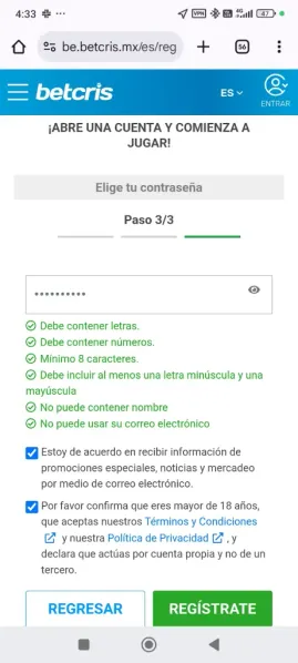 Betcris registro paso 2