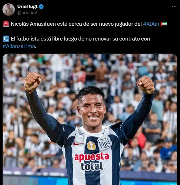 Nicolás Amasifuén sale de Alianza Lima (Foto: X).