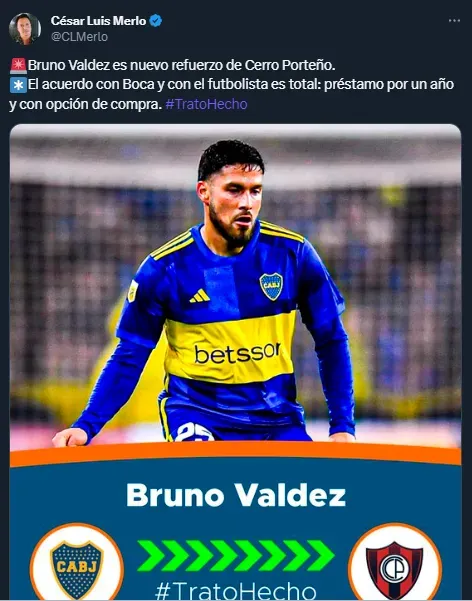 Bruno Váldez, a Cerro Porteño (Twitter @CLMerlo).