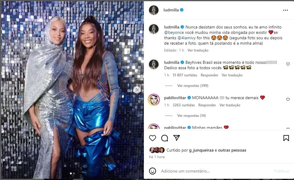 Ludmilla e Beyoncé. Foto: Reprodução/Instagram – Ludmilla