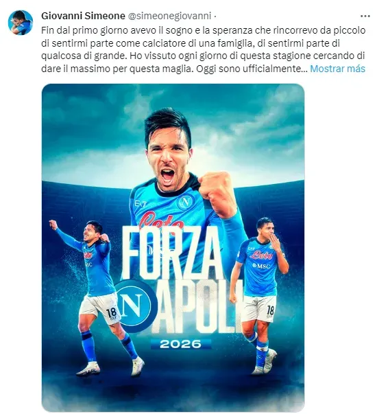 La publicación con la que Gio Simeone reportó que su ficha le pertenece al Napoli. Twitter