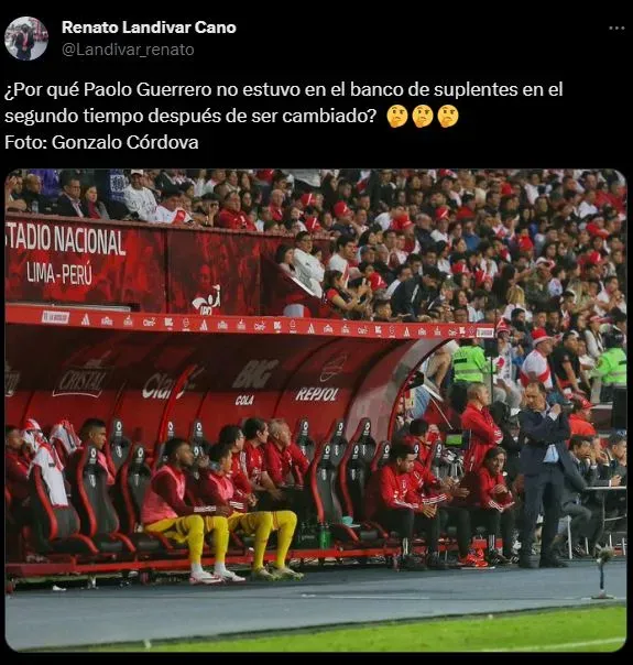 Paolo Guerrero no vio el segundo tiempo contra Argentina con los suplentes. (Foto: Twitter).